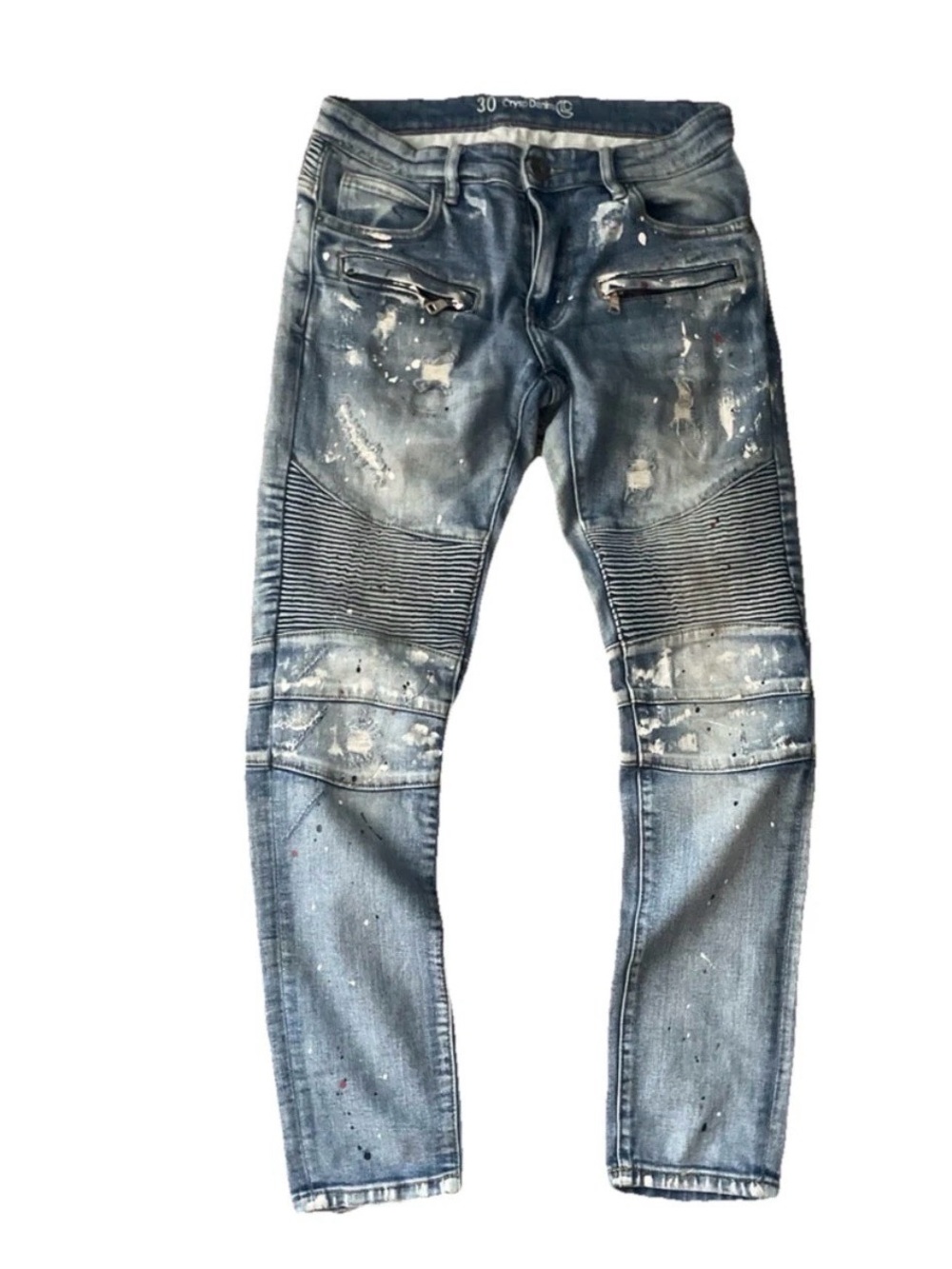 Crysp Denim Men’s Sz 30 Distressed Moto Jean Paint Splatter Slim Fit Biker Style